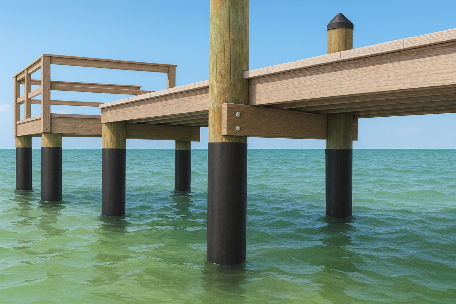 Wooden pier supported by black-coated posts over clear greenish water.
