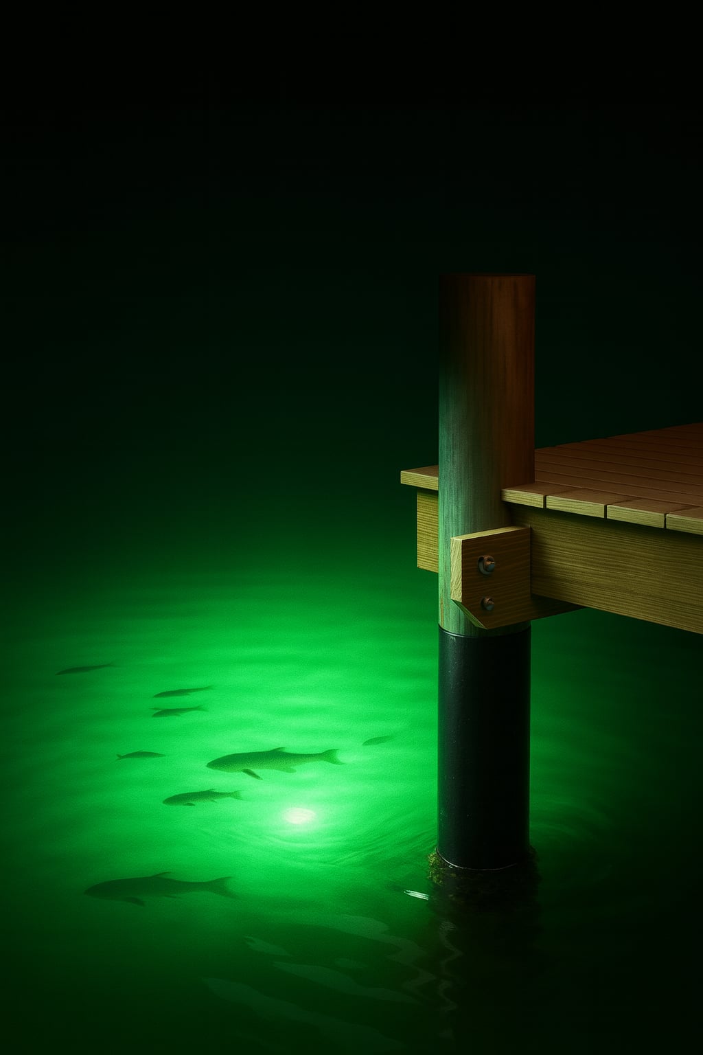 Dock illuminated by green underwater light, showing fish swimming.