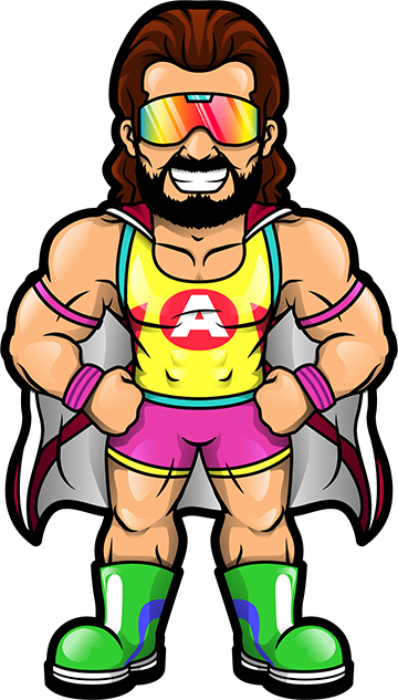 Cartoon superhero with a muscular build in colorful attire and cape.