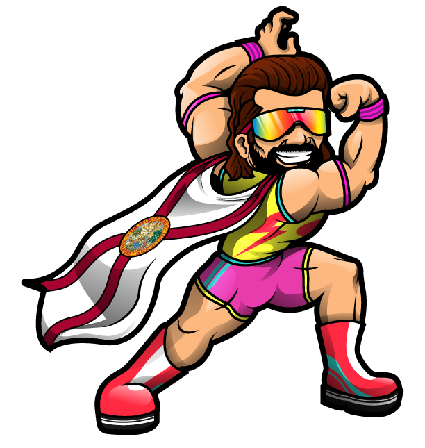 A colorful wrestler flexing muscles with a confident pose.