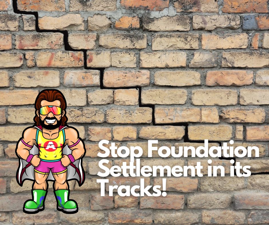 Cartoon superhero with text about stopping foundation settlement in tracks.
