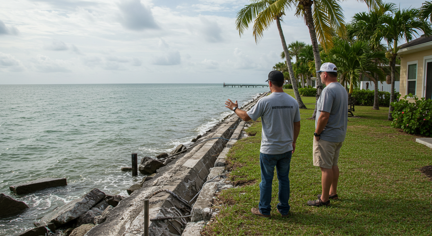 Two men standing by a seawall, looking out at the ocean.