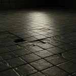 Dimly lit tiled floor with broken and missing tiles.