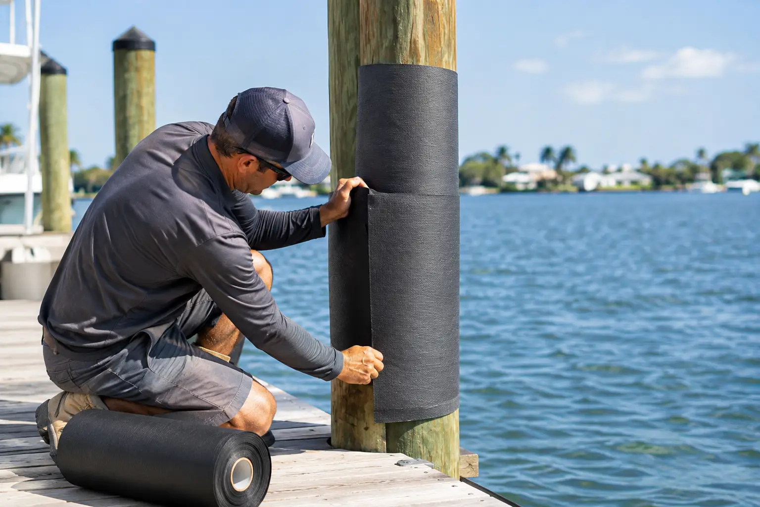Dock Piling Wrap Installation for Florida Docks